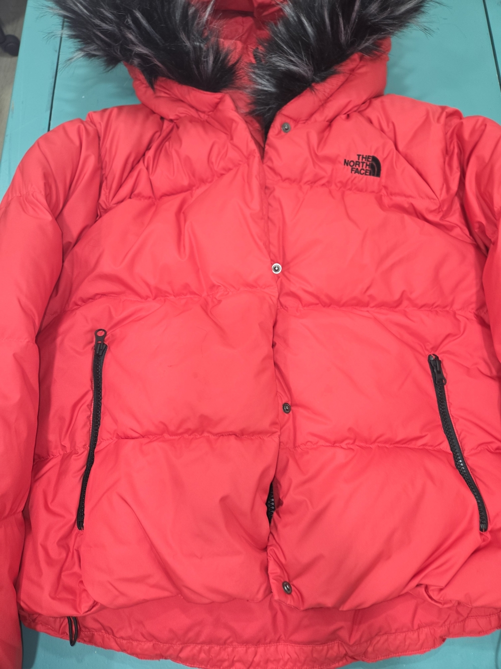 The North Face Women’s Red Down Puffer Jacket with Faux Fur Hood
